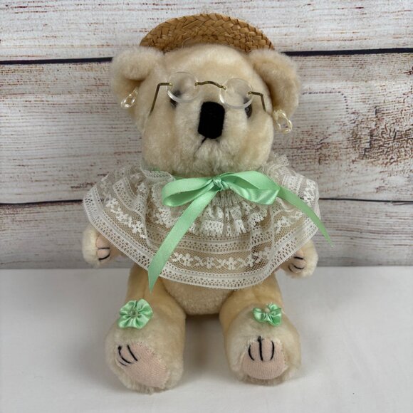 VTG Nicole Products Jointed Bear Straw Hat Eye Glasses Lace Green Bows - Picture 1 of 7